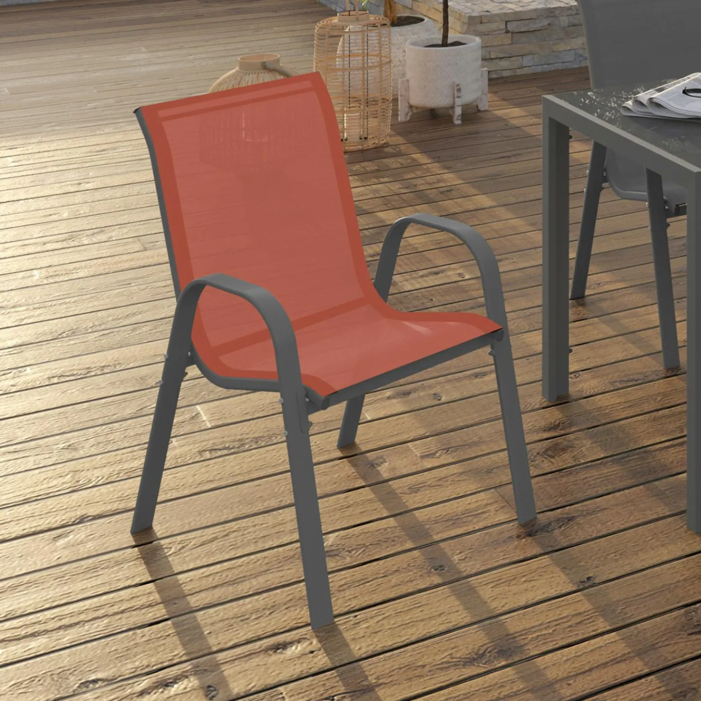 6 chaises de jardin en métal et textilène gris, noir et terracotta empilables*IDMarket Best