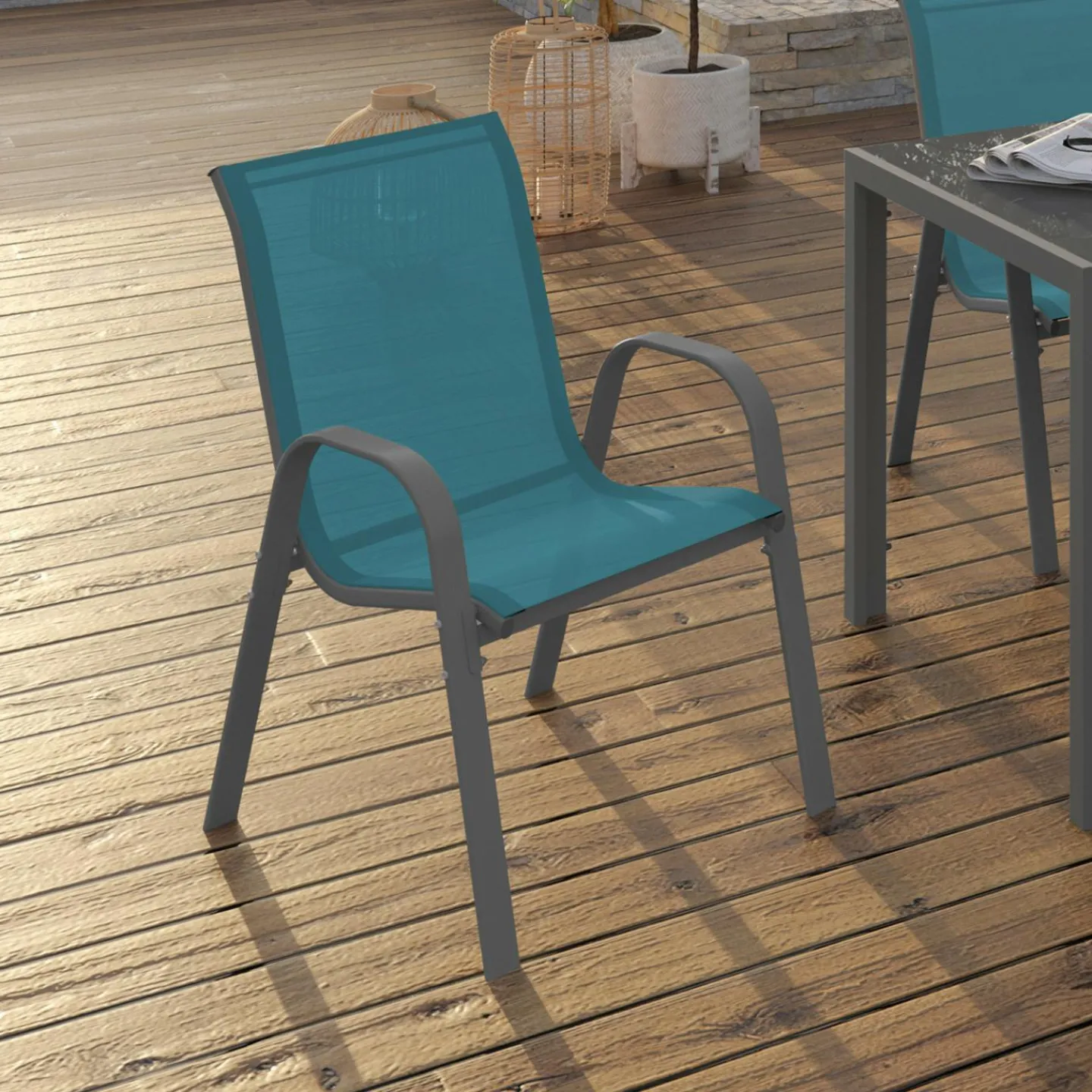 4 chaises de jardin en métal et textilène bleu canard*IDMarket Discount