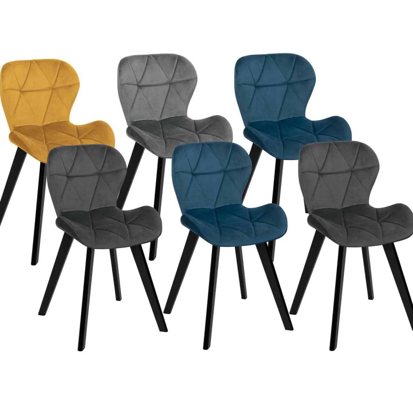 6 Chaises en velours mix color bleu, gris et jaune*IDMarket New