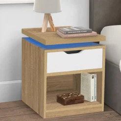 2 tables de chevet à LEDS tiroir et niche bois façon hêtre et blanc*IDMarket