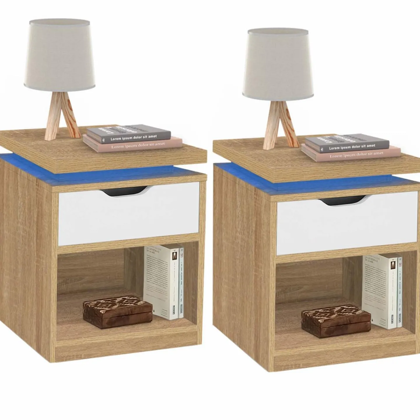 2 tables de chevet à LEDS tiroir et niche bois façon hêtre et blanc*IDMarket