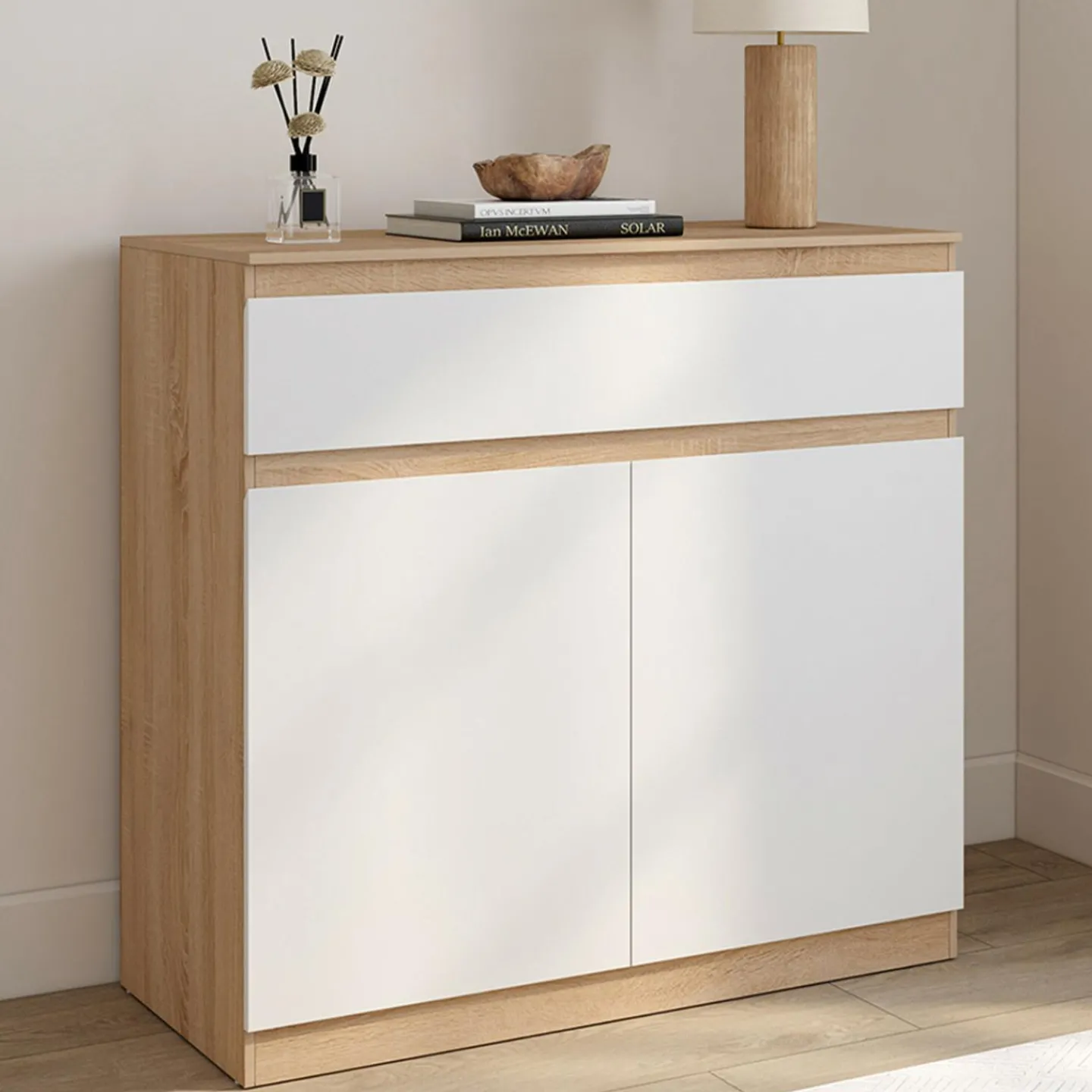 Armoire à chaussures 12 paires 2 portes 1 tiroir blanc et effet bois*IDMarket Online