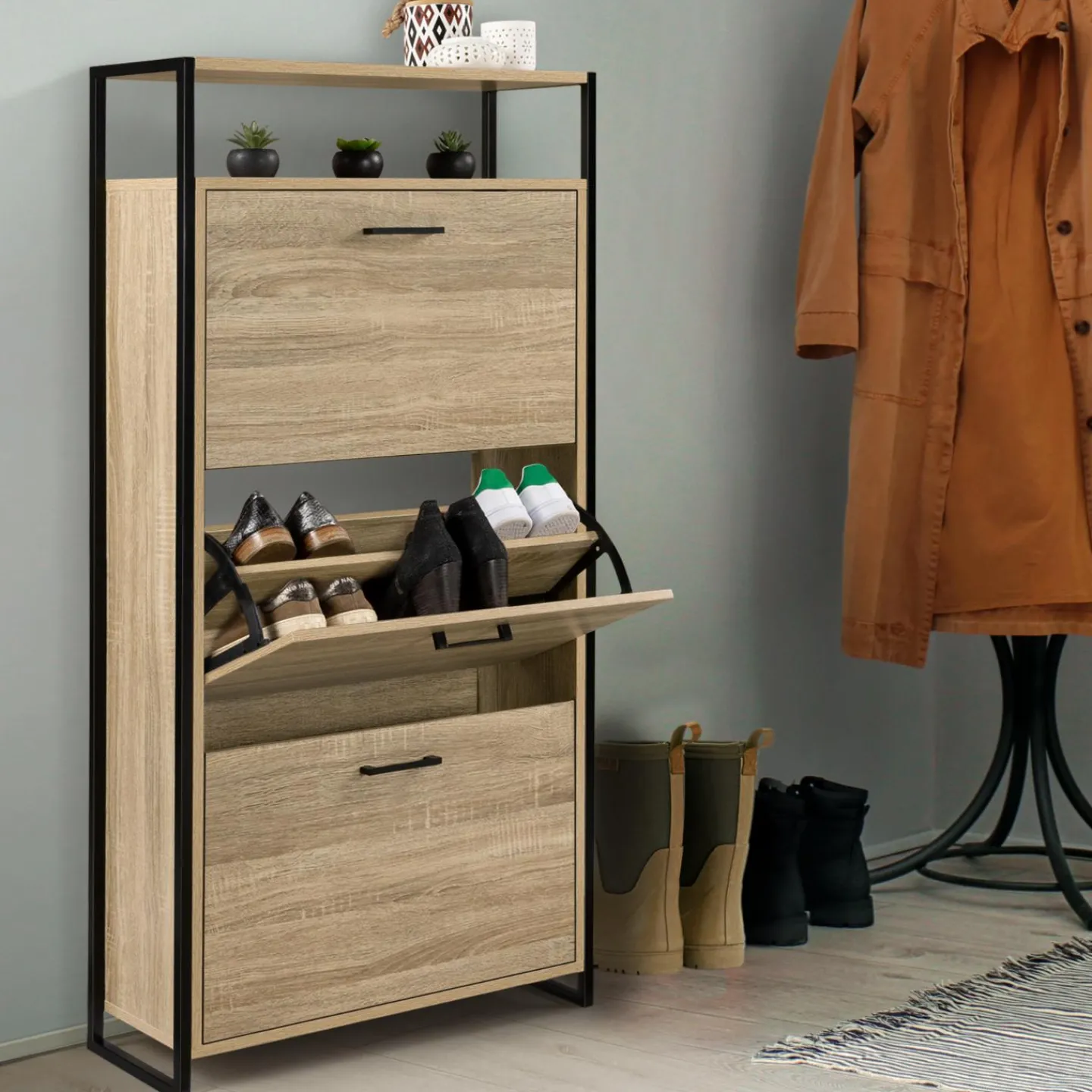Armoire à chaussures avec étagère bois et métal*IDMarket