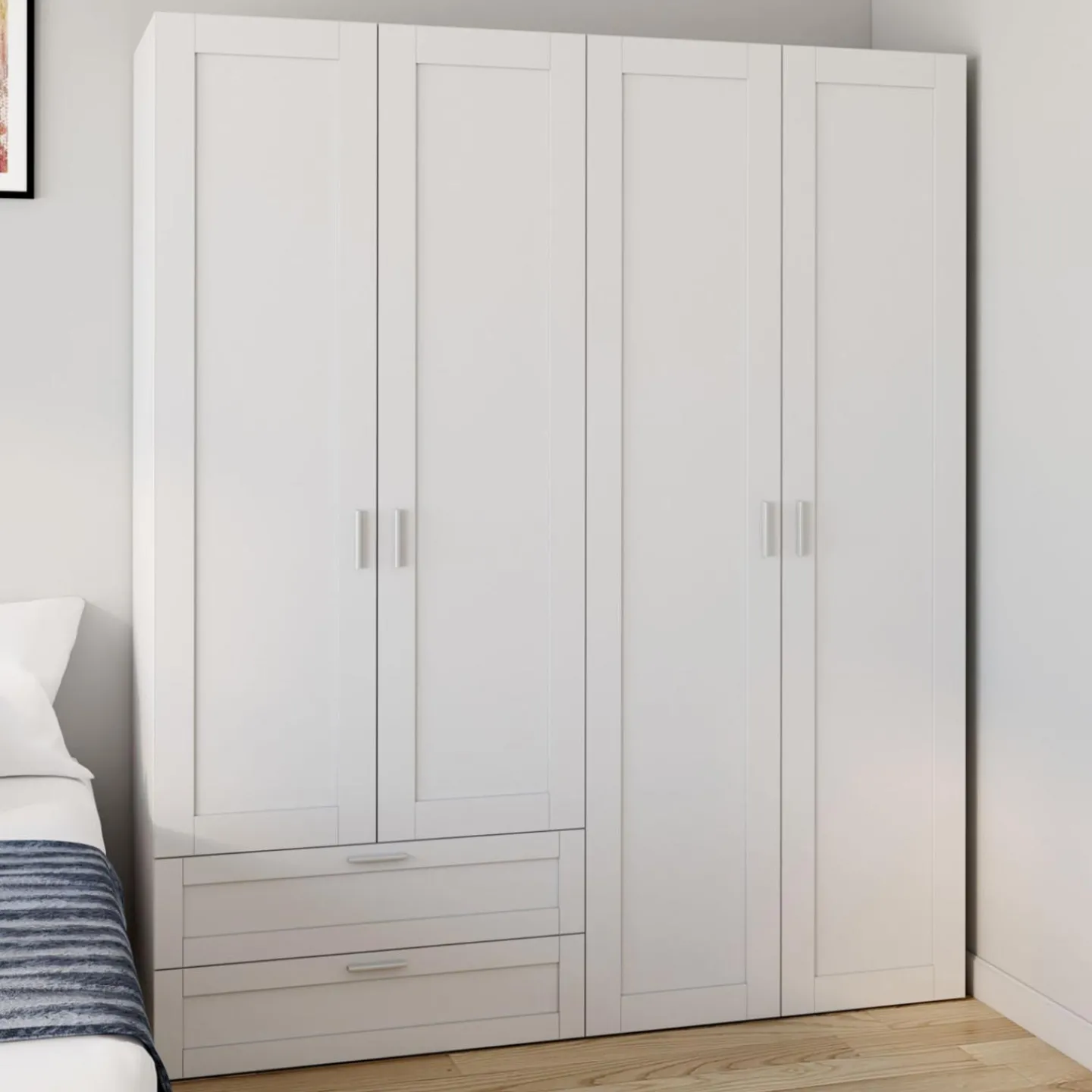 Armoire 4 portes blanche dressing penderie et 2 tiroirs 160 cm*IDMarket Hot