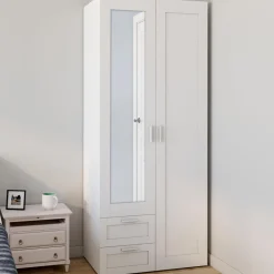Armoire 2 portes blanche penderie avec miroir et 2 tiroirs 80 cm*IDMarket Best