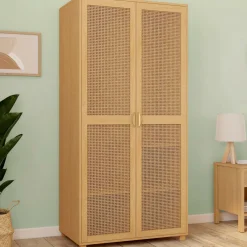 Armoire 2 portes cannage et bois penderie 80 cm avec étagères de rangement*IDMarket Online
