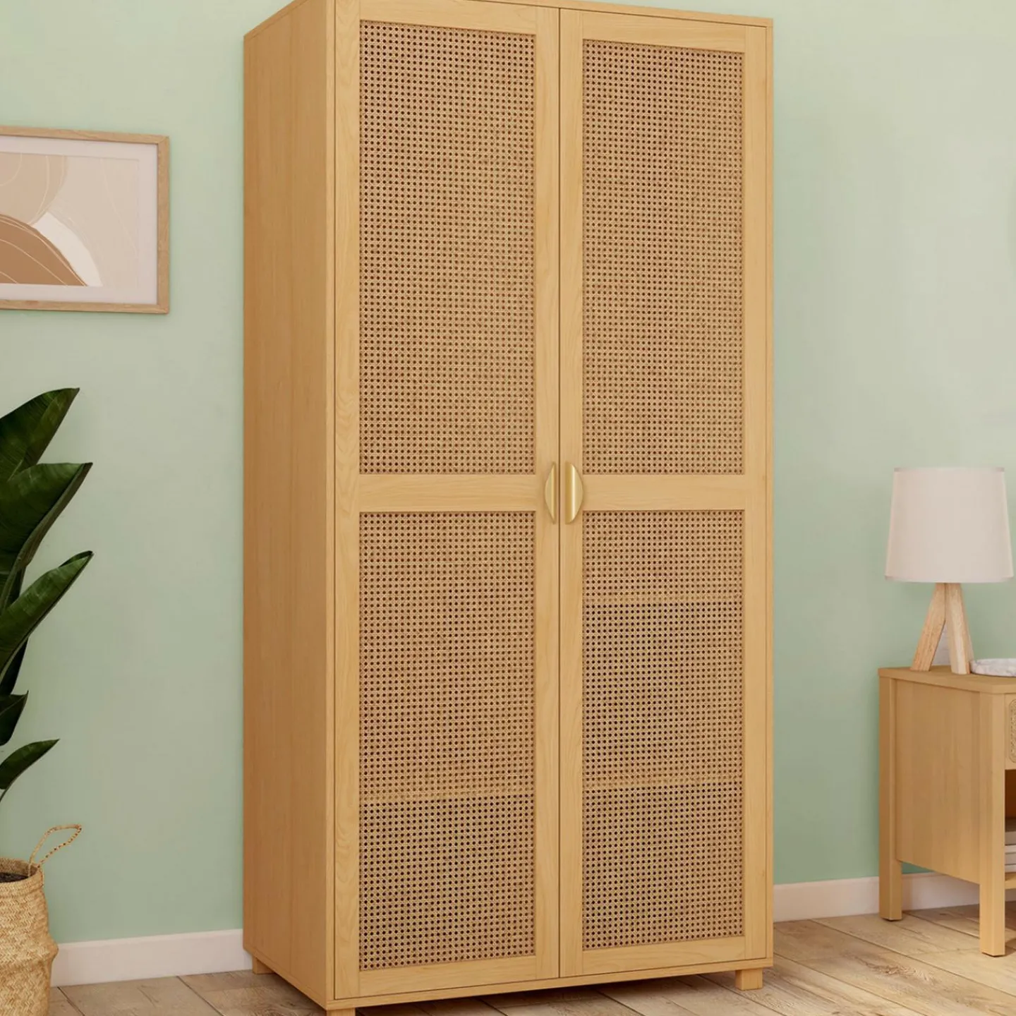 Armoire 2 portes cannage et bois penderie 80 cm avec étagères de rangement*IDMarket Online