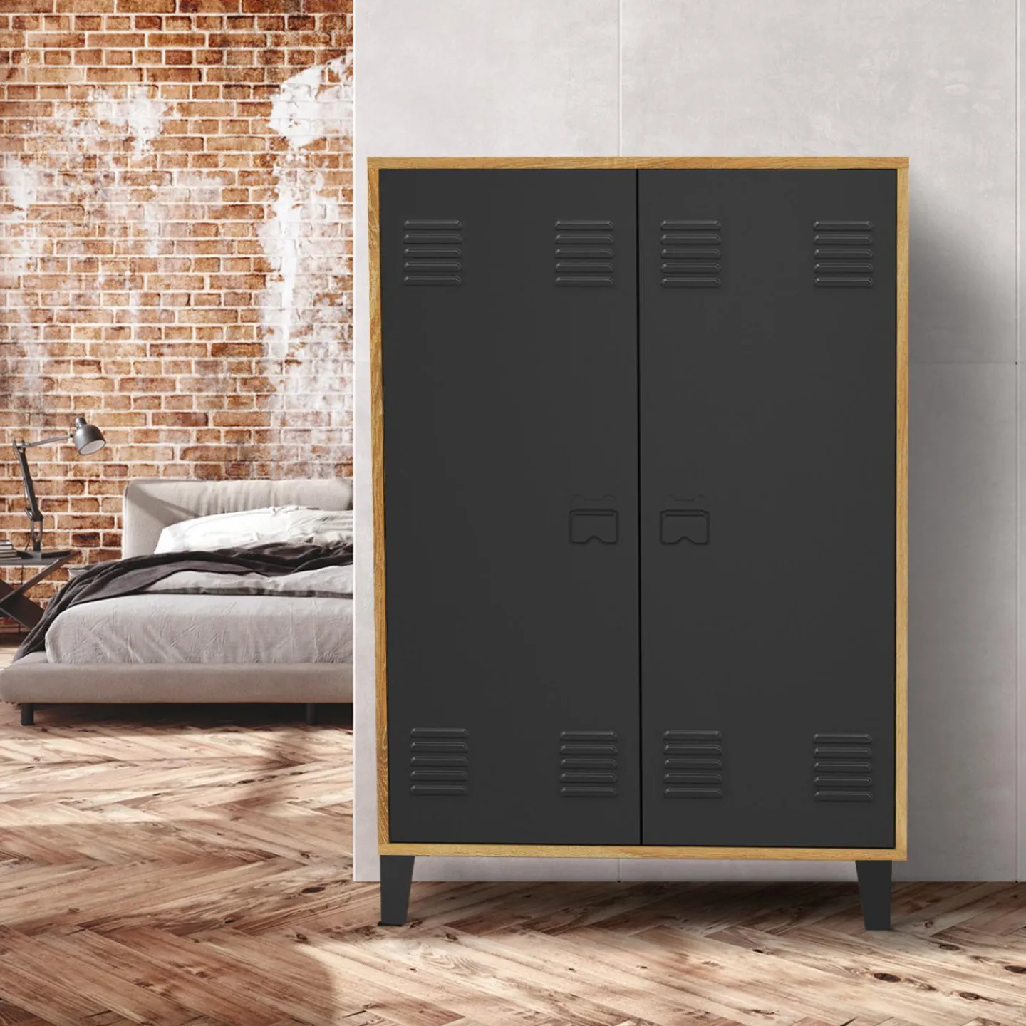 Armoire basse industrielle 2 portes métal noir et contour bois*IDMarket Best