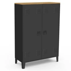 Armoire basse industrielle 2 portes métal noir et plateau bois*IDMarket New