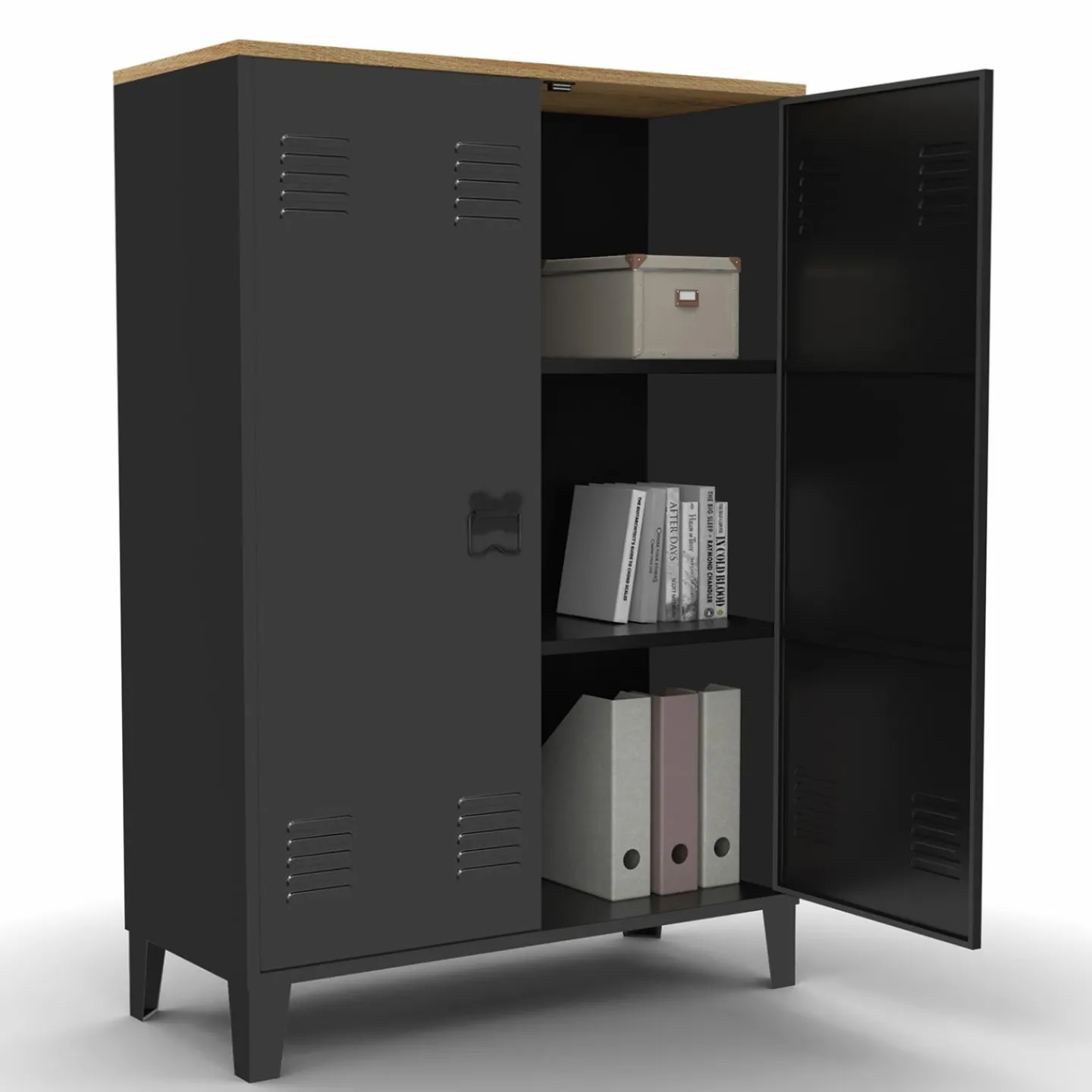 Armoire basse industrielle 2 portes métal noir et plateau bois*IDMarket New