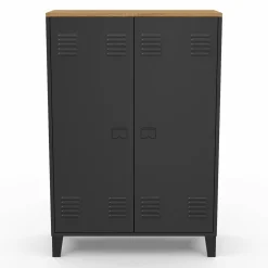 Armoire basse industrielle 2 portes métal noir et plateau bois*IDMarket New
