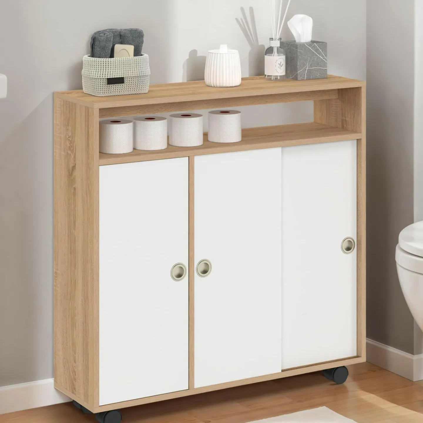 Armoire d'appoint meuble de rangement à roulettes salle de bain structure hêtre plateau blanc*IDMarket Hot