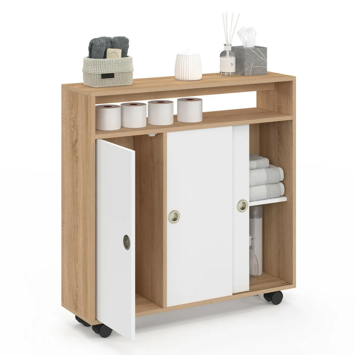 Armoire d'appoint meuble de rangement à roulettes salle de bain structure hêtre plateau blanc*IDMarket Hot