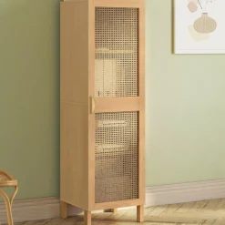 Armoire de rangement 1 porte 3 étagères bois et cannage*IDMarket Clearance