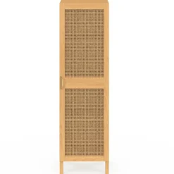 Armoire de rangement 1 porte 3 étagères bois et cannage*IDMarket Clearance