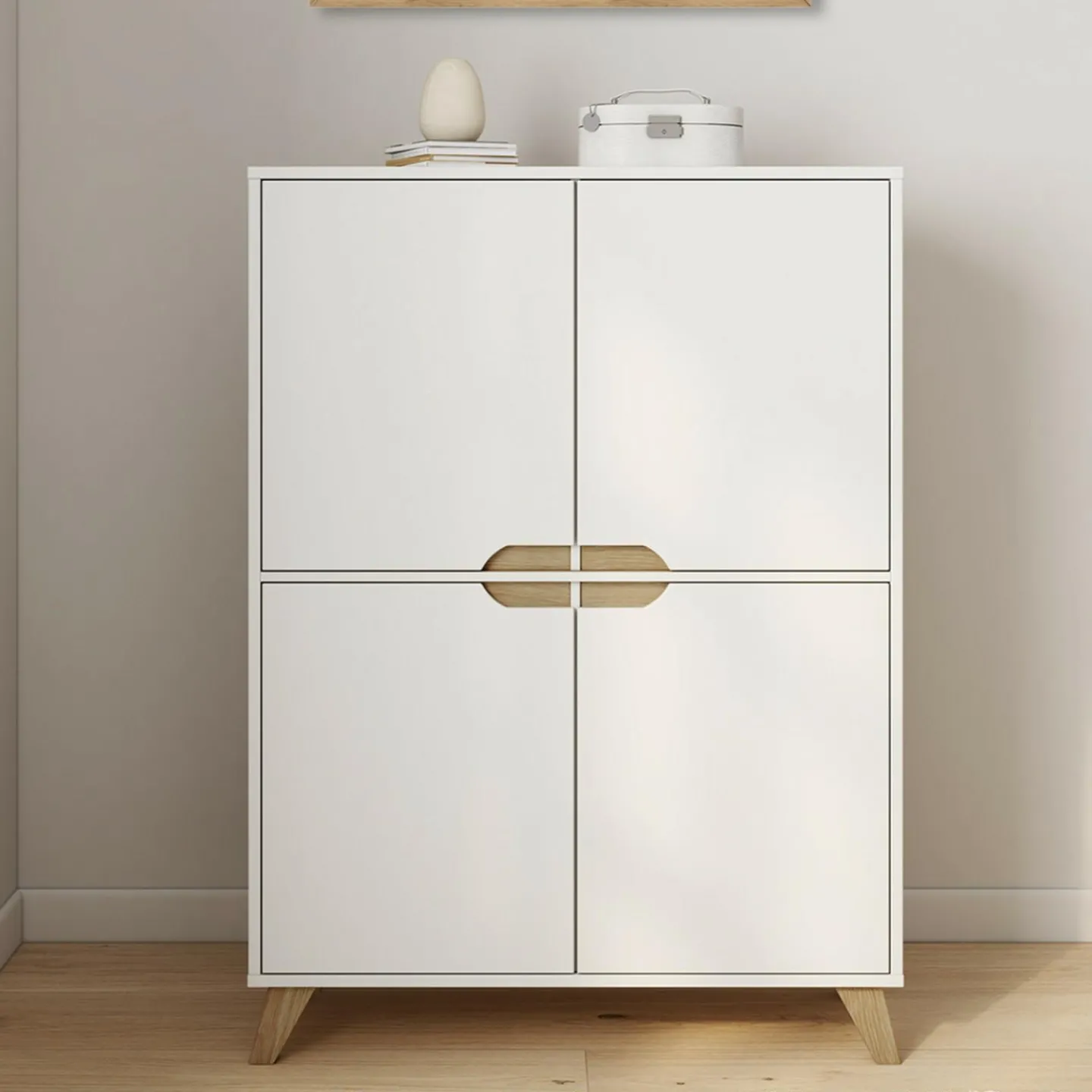 Armoire de rangement scandinave avec 4 portes bois blanc*IDMarket