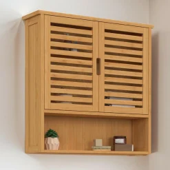 Armoire de salle de bain murale en bambou 2 portes et étagère*IDMarket Outlet
