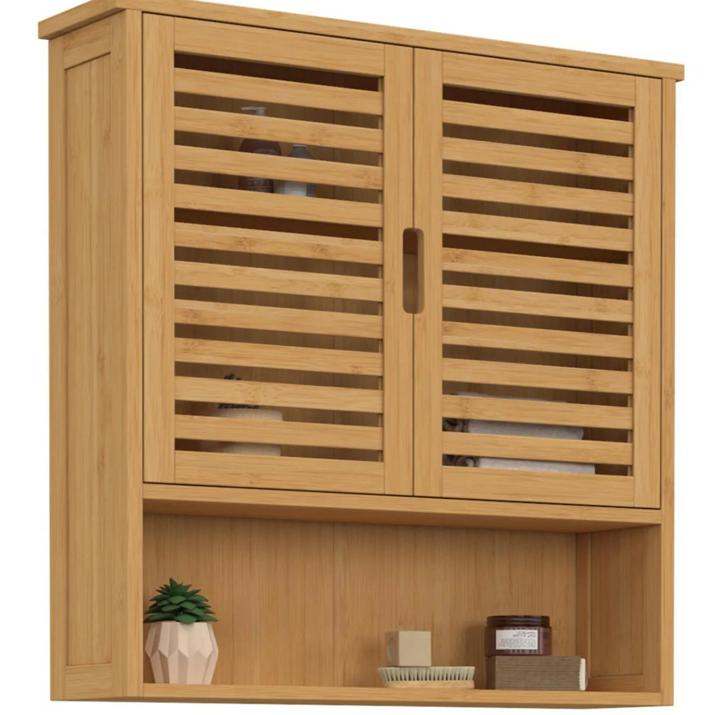 Armoire de salle de bain murale en bambou 2 portes et étagère*IDMarket Outlet