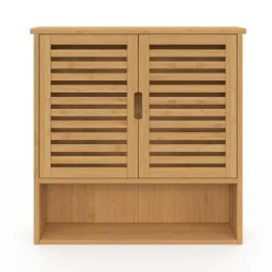 Armoire de salle de bain murale en bambou 2 portes et étagère*IDMarket Outlet