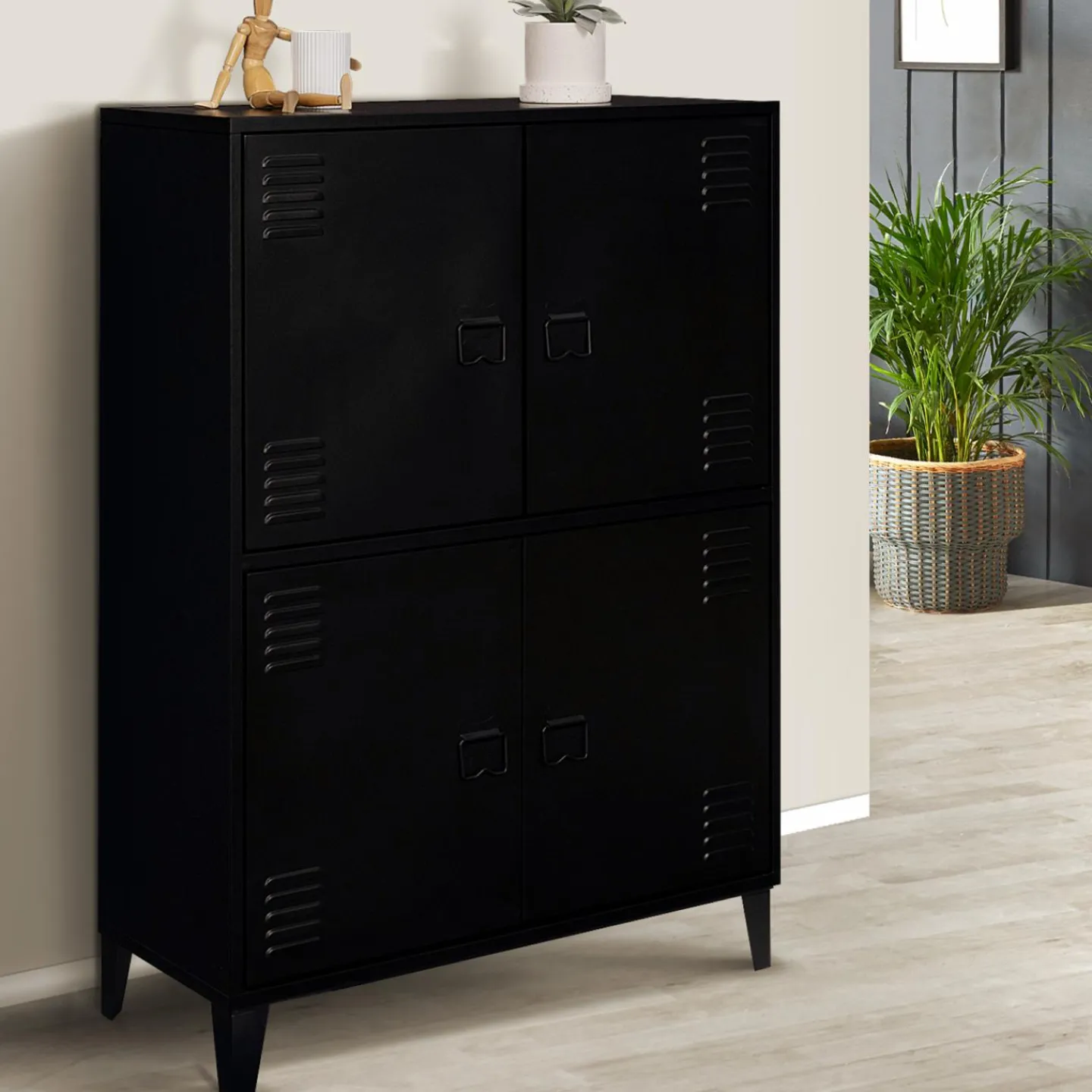 Armoire noire et bois avec 4 portes métalliques*IDMarket Clearance