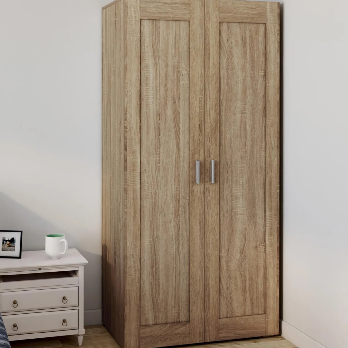Armoire penderie en hêtre avec 2 portes et étagères*IDMarket Clearance