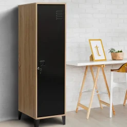 Armoire vestiaire bois et porte métallique noir design industriel*IDMarket Discount
