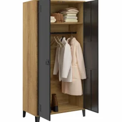 Armoire vestiaire penderie métal noir et bois avec 2 portes*IDMarket Discount