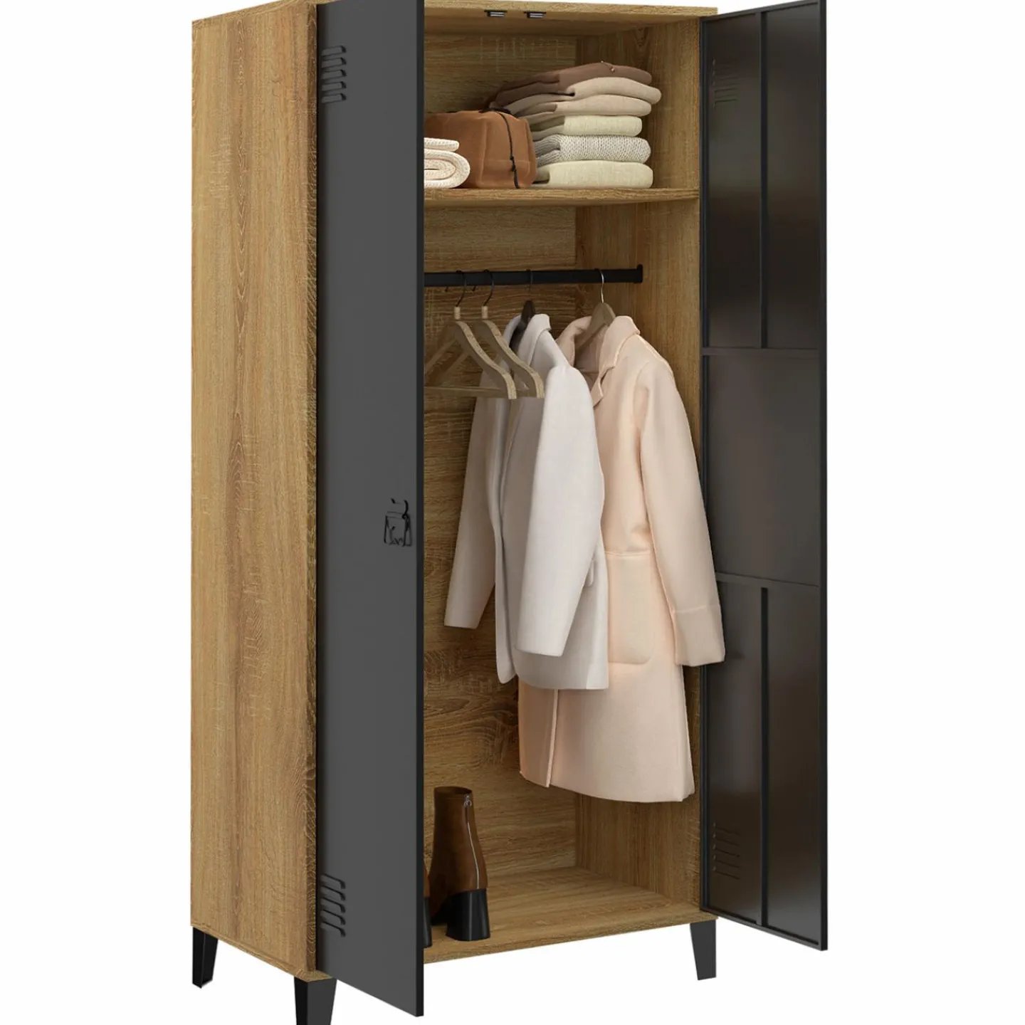 Armoire vestiaire penderie métal noir et bois avec 2 portes*IDMarket Discount