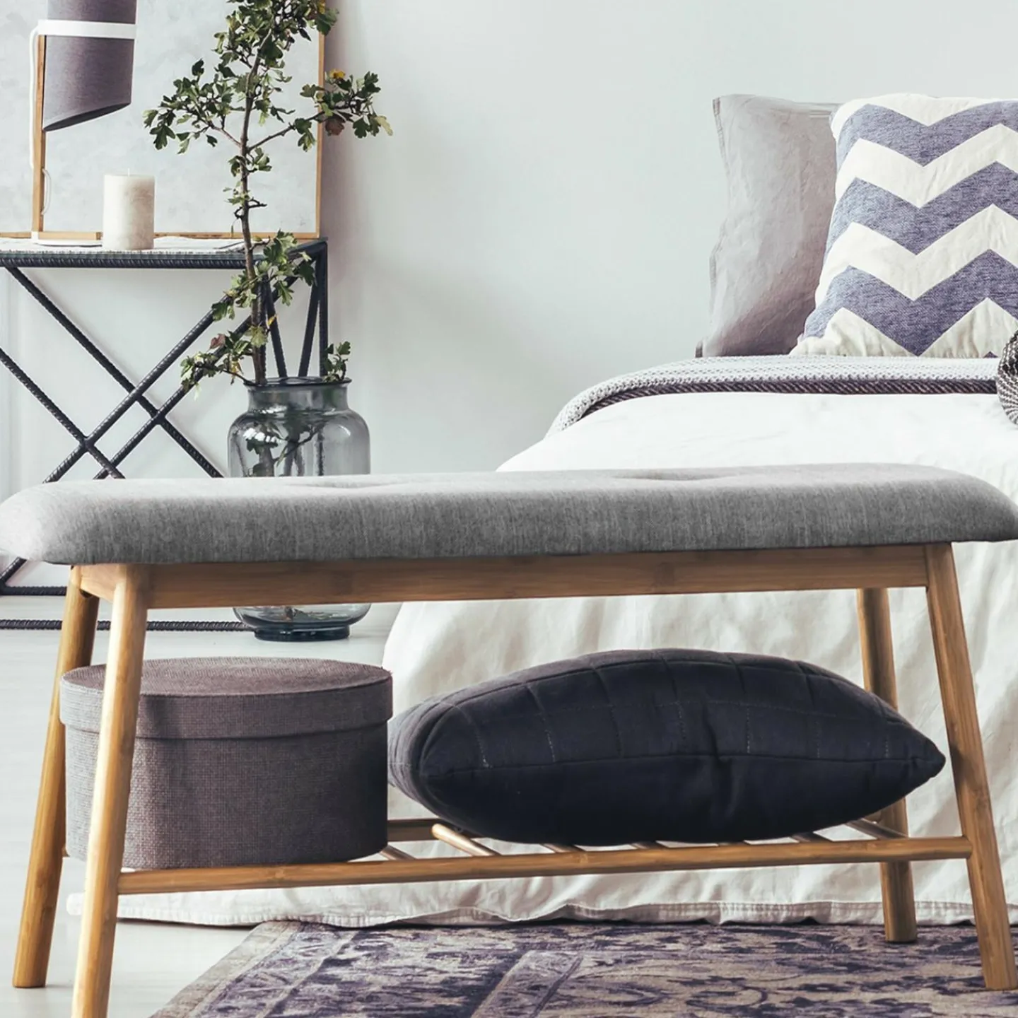 Banc bambou tissu gris style scandinave*IDMarket Best
