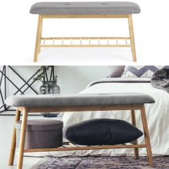 Banc bambou tissu gris style scandinave*IDMarket Best