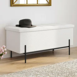 Banc coffre rangement pieds métal noir 100 cm tissu bouclette blanc*IDMarket Outlet