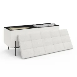 Banc coffre rangement pieds métal noir 100 cm tissu bouclette blanc*IDMarket Outlet