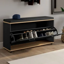 Banc d'entrée noir avec coussin et rangement chaussures*IDMarket Hot