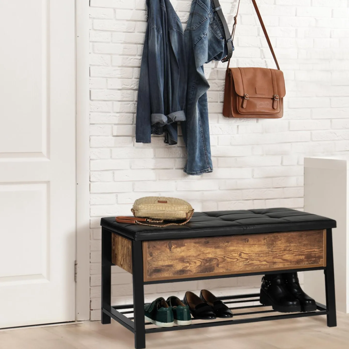 Banquette coffre de rangement bois et métal*IDMarket Online