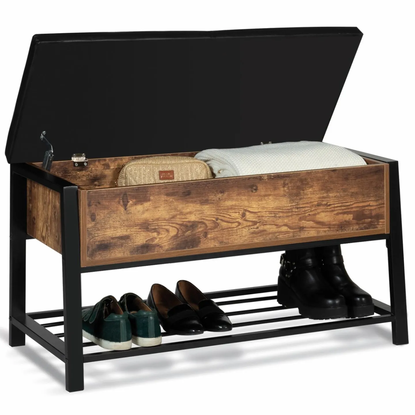 Banquette coffre de rangement bois et métal*IDMarket Online