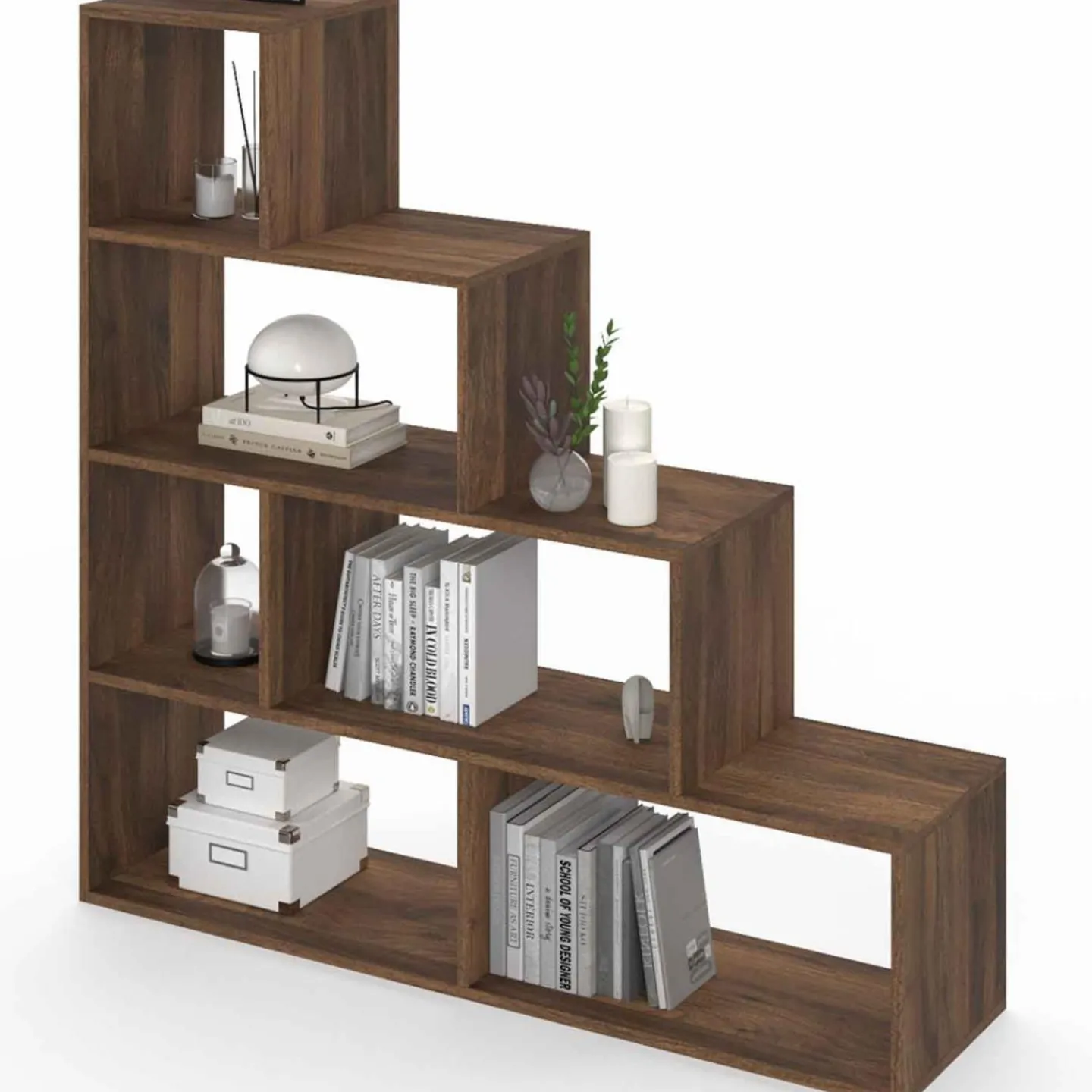 Bibliothèque escalier bois effet noyer 6 cases*IDMarket New