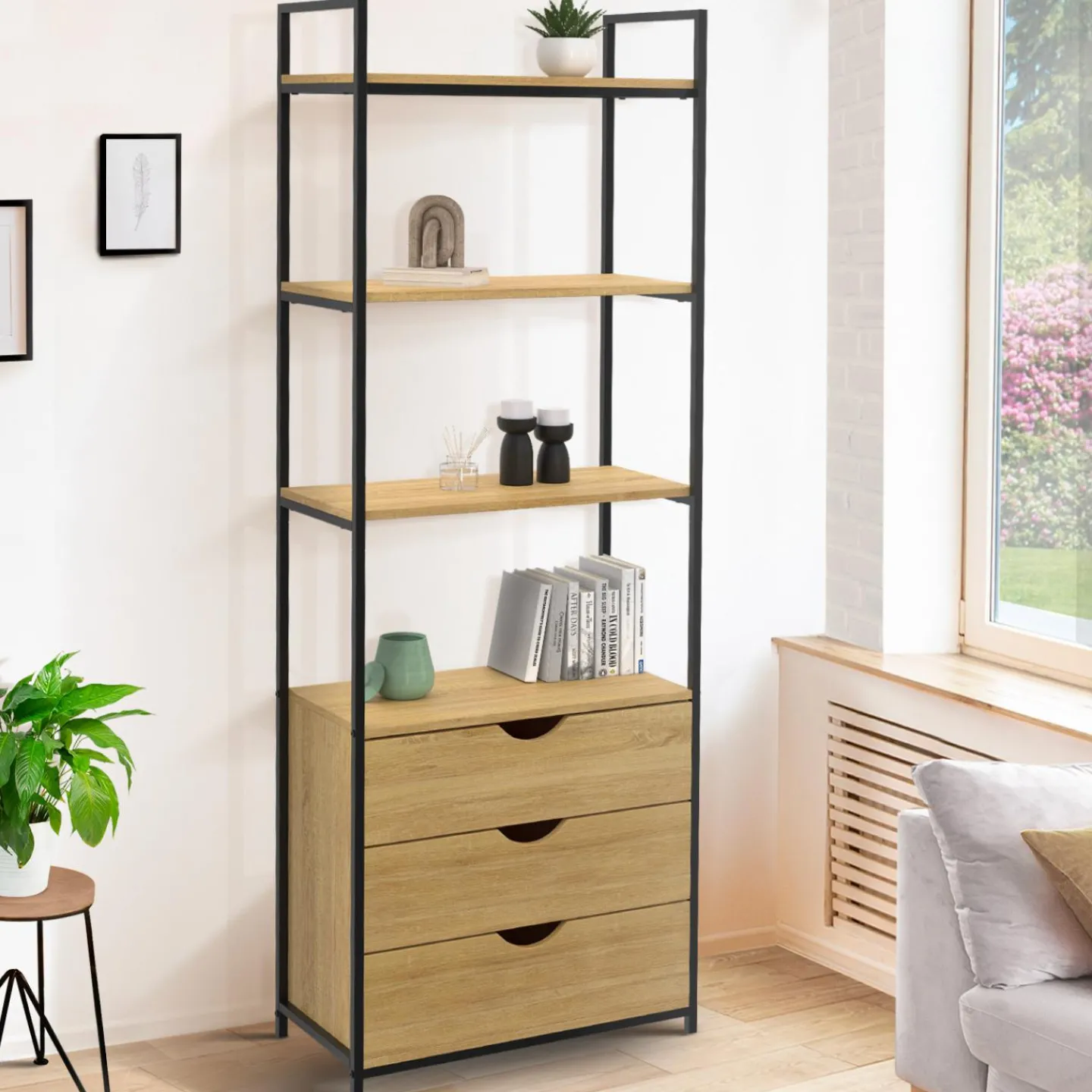 Bibliothèque industrielle 4 niveaux 3 tiroirs*IDMarket New