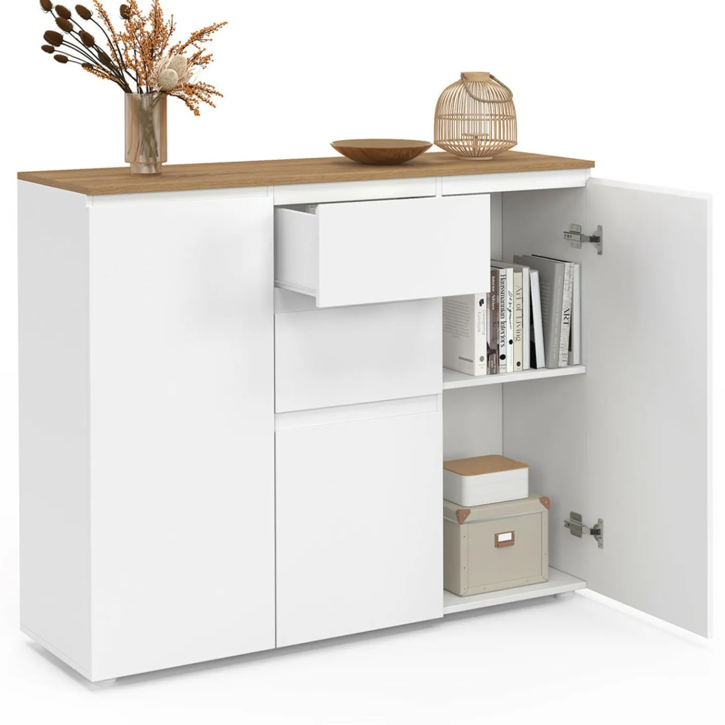 Buffet 100 cm 3 portes 2 tiroirs blanc et plateau bois*IDMarket Outlet