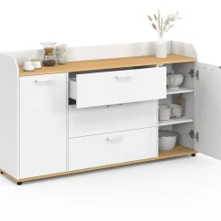 Buffet 140 cm 4 portes avec rebord blanc et plateau bois façon hêtre*IDMarket Outlet
