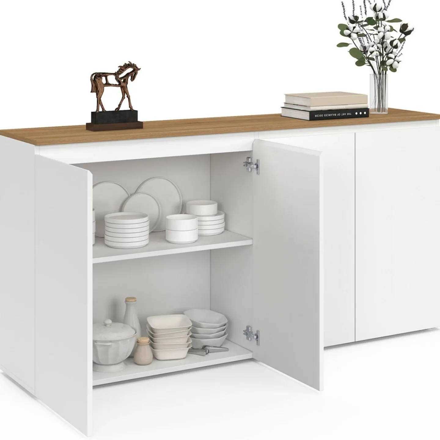 Buffet 160 cm 4 portes blanc et plateau bois*IDMarket Hot