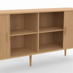 Buffet 160 cm 2 portes coulissantes lattes tasseau bois coloris chêne*IDMarket New