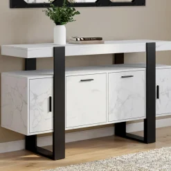 Buffet 140 cm 4 portes effet marbre blanc et noir*IDMarket Online