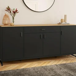 Buffet 180 cm XXL 4 portes et 1 tiroir bois et noir*IDMarket