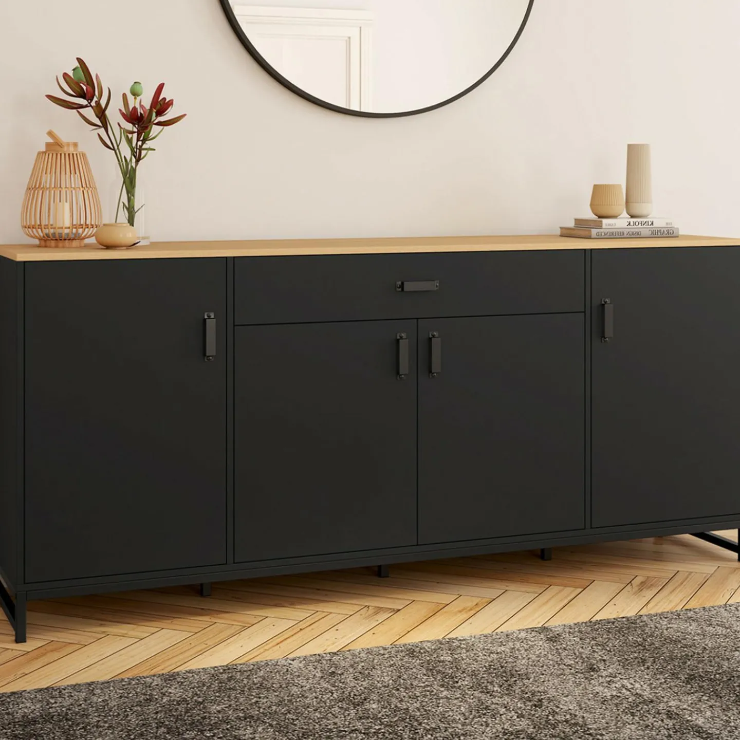 Buffet 180 cm XXL 4 portes et 1 tiroir bois et noir*IDMarket