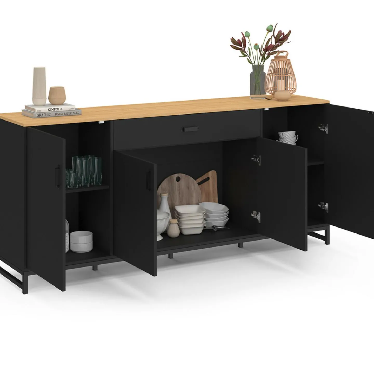 Buffet 180 cm XXL 4 portes et 1 tiroir bois et noir*IDMarket
