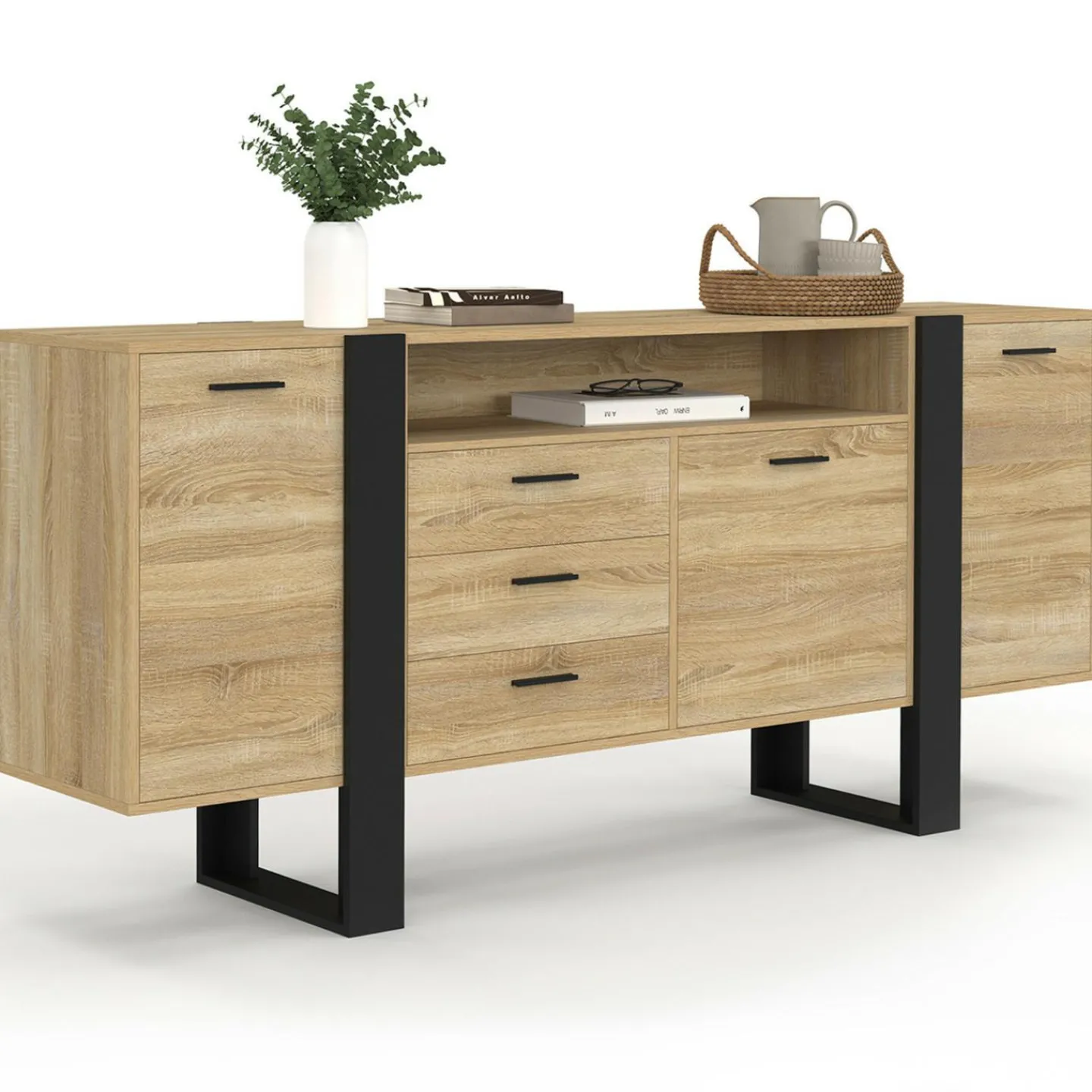 Buffet 180 cm XXL 3 portes et 3 tiroirs avec niche bois et noir*IDMarket Hot