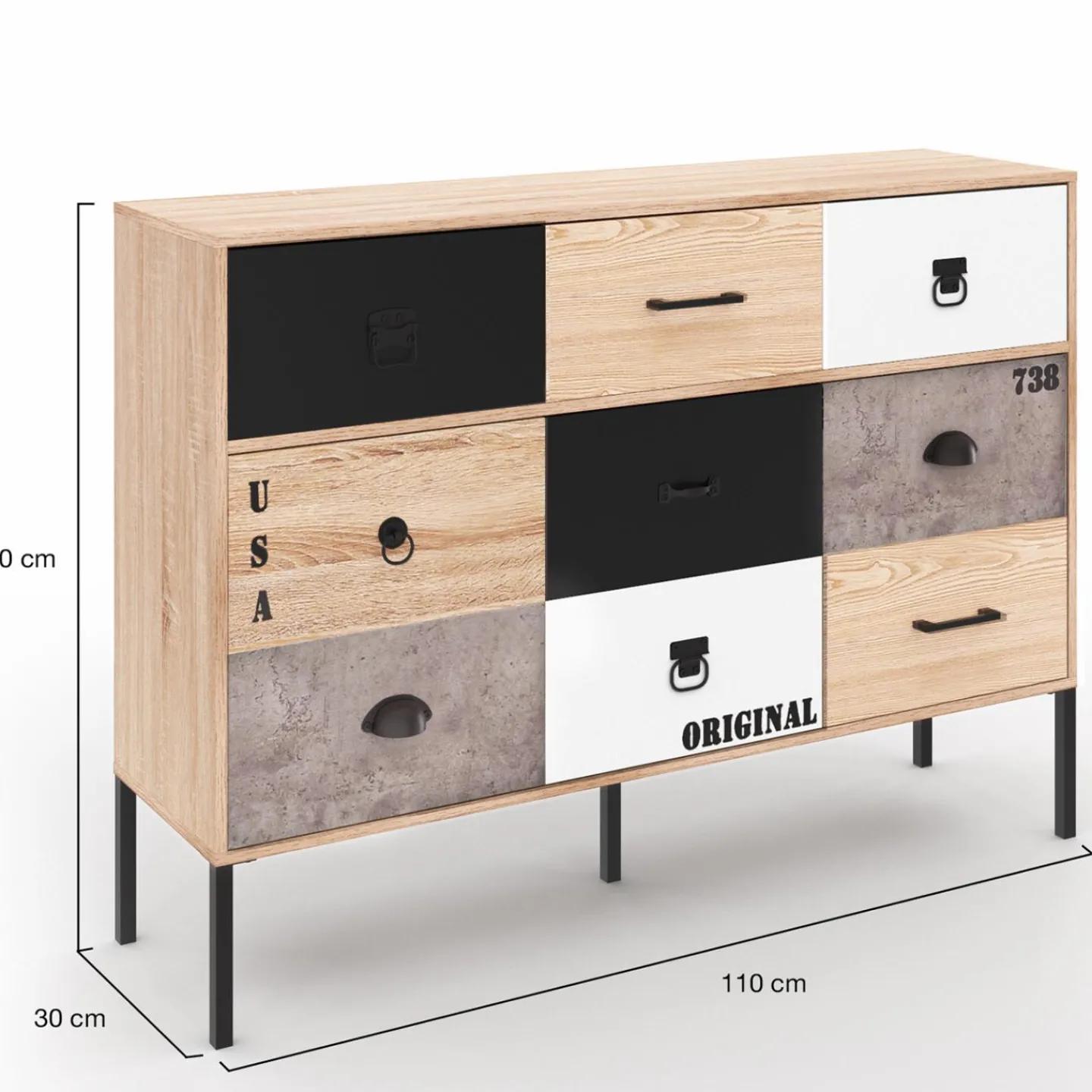 Buffet 3 portes 3 tiroirs design industriel dépareillé*IDMarket Hot