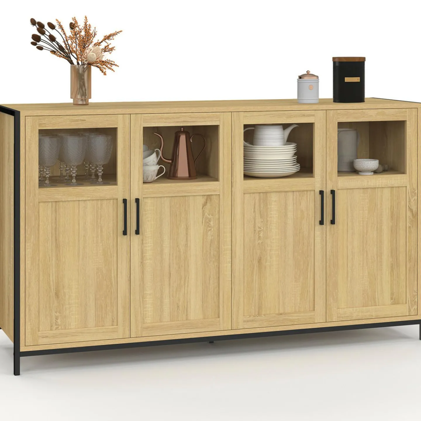 Buffet 4 portes avec vitrines 140cm design industriel*IDMarket Discount