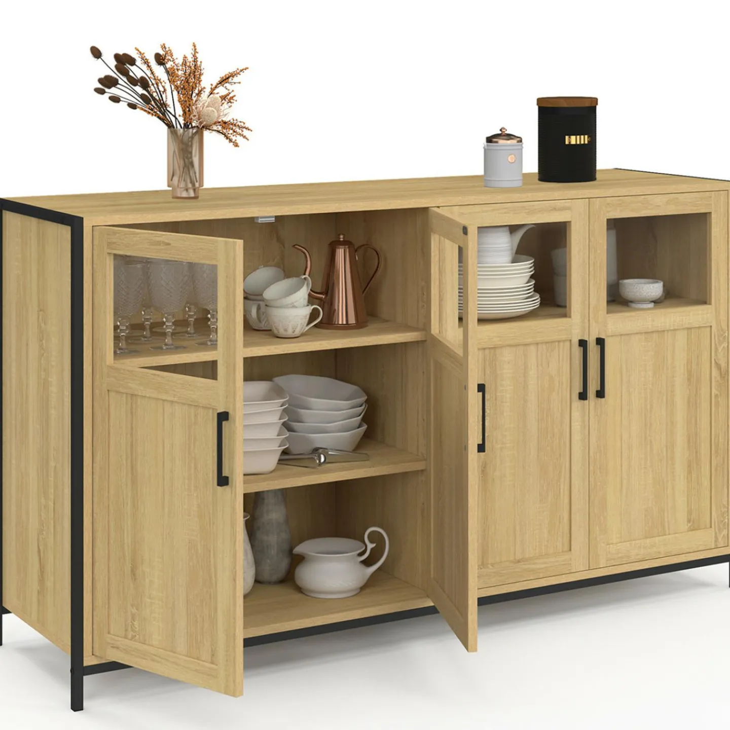 Buffet 4 portes avec vitrines 140cm design industriel*IDMarket Discount