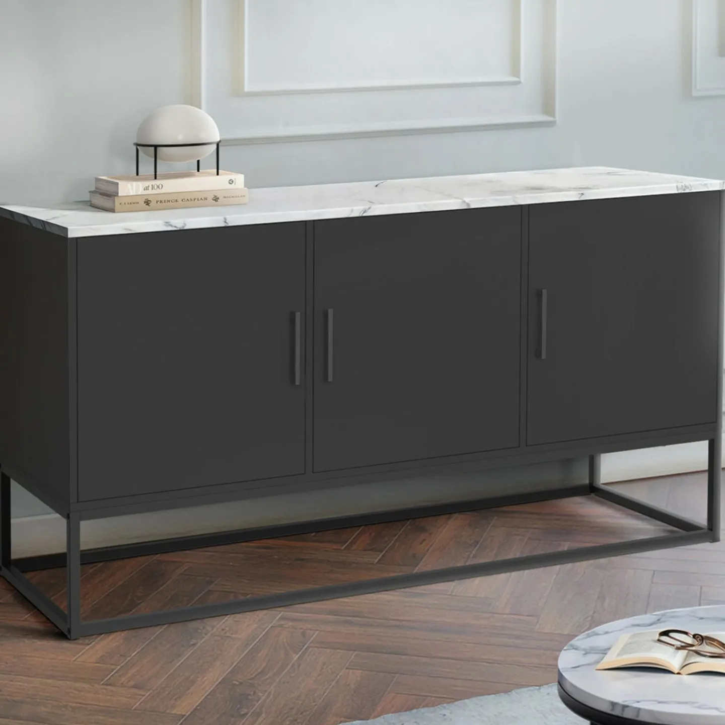 Buffet bas 113 cm 3 portes noires plateau effet marbre blanc*IDMarket Online